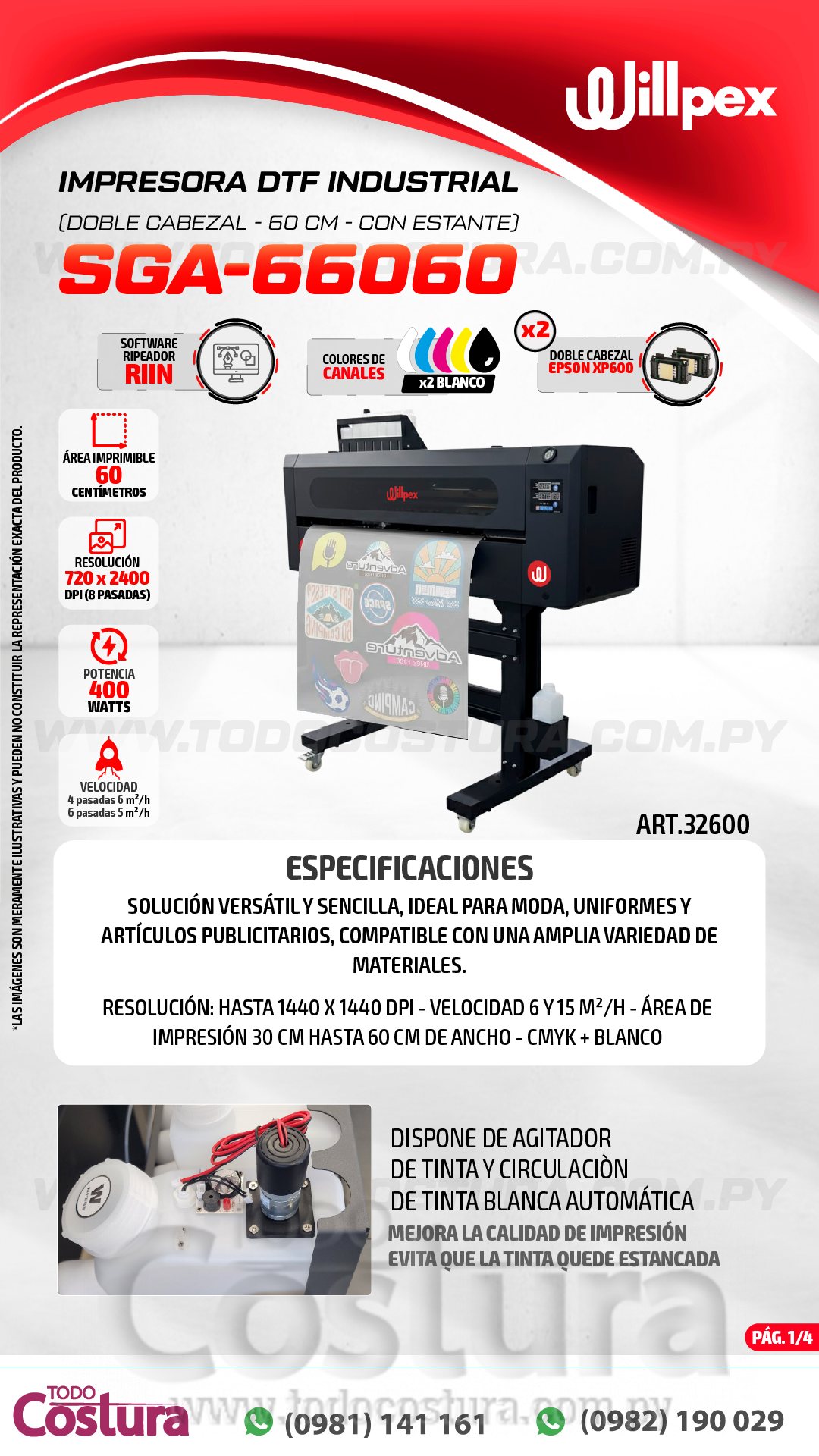 IMPRESORA DTF INDUSTRIAL (DOBLE CABEZAL XP600 - 60 CM) WILLPEX SGA-66060 (CON ESTANTE)